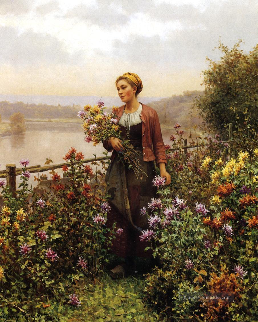 Frau in einem Garten Landfrau Daniel Ridgway Ritter Blumen Ölgemälde